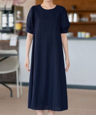 Tiaclasse L 【洗える】パンチングレースAラインワンピース ネイビー