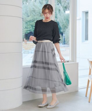 Tiaclasse L チュールレースチェックスカート グレー