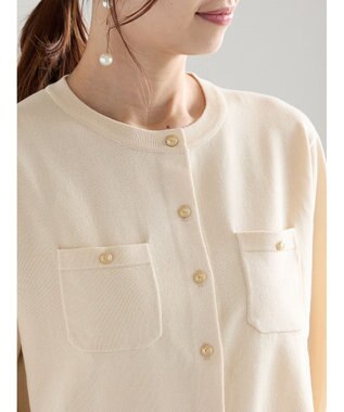 Te chichi 金釦ポケット付きクルーカーディガン ベージュ