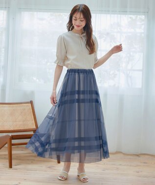 Tiaclasse L チュールレースチェックスカート ブルー