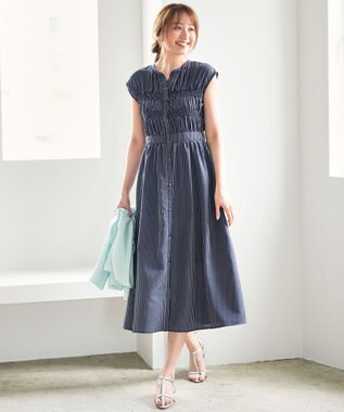 ANY SIS フロントボタンシャーリング ワンピース ネイビーストライプ