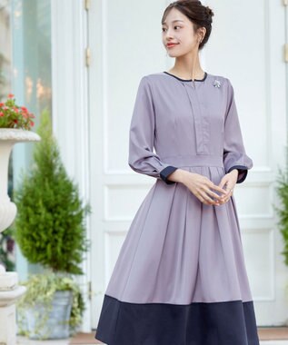 Tiaclasse L 【セレモニー・XSサイズ(5号)追加・新色追加・洗える】キーネックフレアワンピース サックス×ネイビー