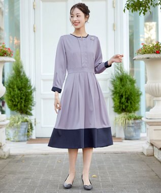 Tiaclasse L 【セレモニー・XSサイズ(5号)追加・新色追加・洗える】キーネックフレアワンピース サックス×ネイビー