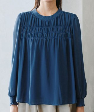 Tiaclasse 【洗える】シフォンシャーリングブラウス ブルー