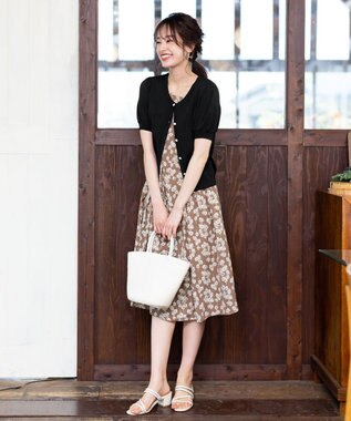 Tiaclasse L 【洗える】ひんやり心地良いパフ袖ニットカーディガン ブラック