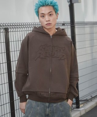 WEGO 【ユニセックス着用ITEM】ダメージアップリケレイヤードZIPパーカー ブラウン