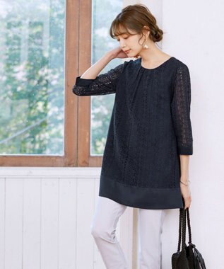 Tiaclasse L 【洗える】レースコンビチュニックブラウス ネイビー