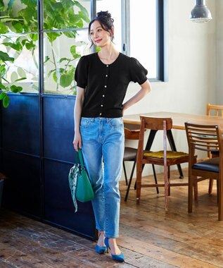 Tiaclasse L 【洗える】ひんやり心地良いパフ袖ニットカーディガン ブラック