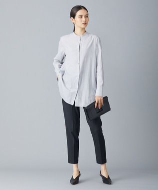 ICB 【洗える】CRySiタイプライター ボウタイ付きバンドカラーシャツ ライトグレー系柄