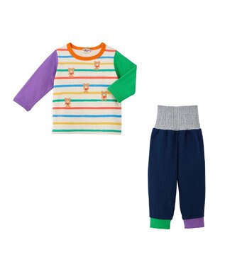 MIKI HOUSE HOT BISCUITS 【80-120cm】 ボーダー柄 ミニ裏毛パイル素材 腹巻き付き長袖パジャマ マルチカラー