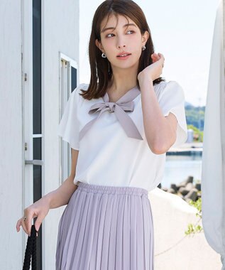 Tiaclasse 【洗える】配色リボンタイブラウス オフホワイト