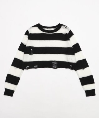 WEGO モヘアタッチダメージショートニット ホワイトボーダー