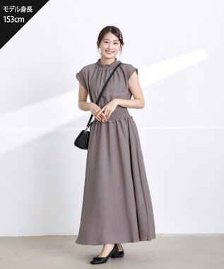 Tiaclasse 【洗える】麻調シャーリングハイネックワンピース モカ