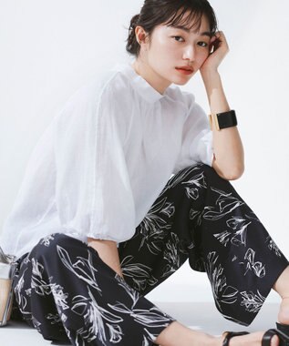 23区 【洗える】ラインフラワープリント ワイドパンツ ブラックプリント