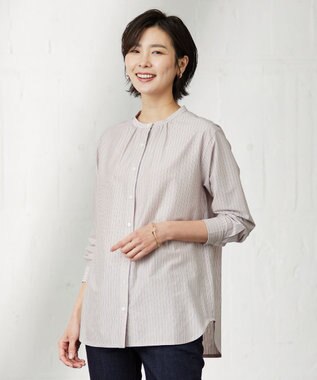 J.PRESS LADIES ストライプジャージー バンドカラー カットソー ピンク系1