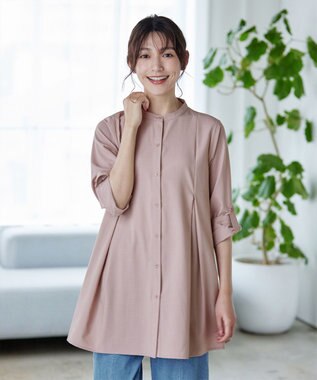 Tiaclasse 【洗える】-TiaBASIC-バンドカラーシャツチュニックブラウス ピンク