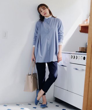 Tiaclasse 【洗える】-TiaBASIC-バンドカラーシャツチュニックブラウス ブルー