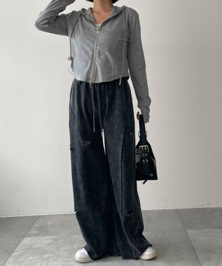 WEGO 【ウエストゴム】ヴィンテージウォッシュスウェットワイドパンツ ブラックその他