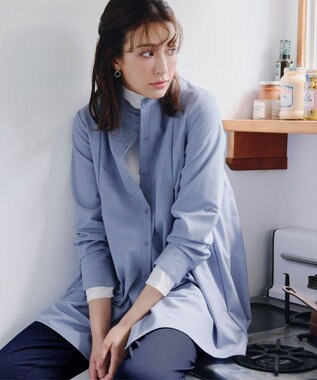 Tiaclasse 【洗える】-TiaBASIC-バンドカラーシャツチュニックブラウス ブルー