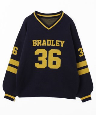 WEGO ナンバリングジャガードVネックニット ネイビー