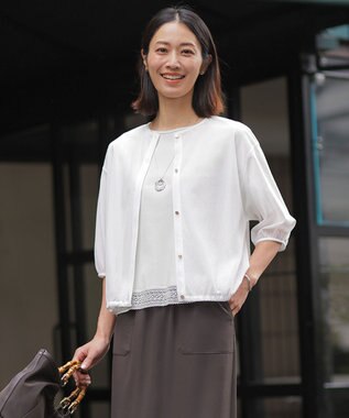 J.PRESS LADIES L 【冷房対策に】シアードライトリコット クルーネック カーディガン ホワイト系