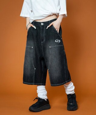 WEGO 【ユニセックス着用ITEM】ダブルニーロゴデニムショーツ デニムブラック