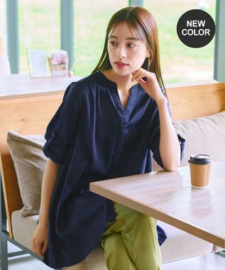 Tiaclasse 【洗える】ヴィンテージサテンチュニックブラウス ネイビー
