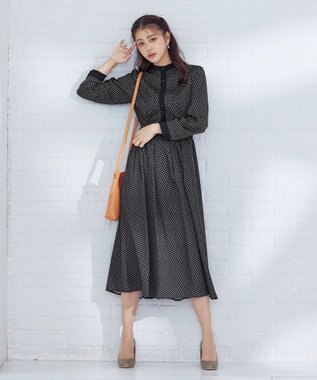 Tiaclasse 【新色追加・洗える】配色バンドカラー幾何学柄ワンピース ブラック