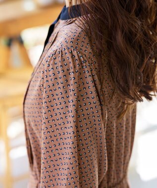 Tiaclasse 【新色追加・洗える】配色バンドカラー幾何学柄ワンピース オレンジ