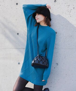 Tiaclasse L 【洗える】ダイヤ地柄ニットチュニック ブルー