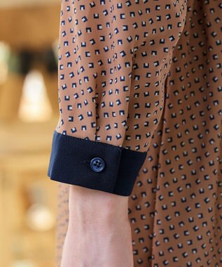 Tiaclasse 【新色追加・洗える】配色バンドカラー幾何学柄ワンピース オレンジ