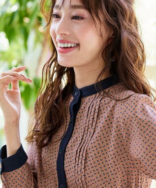 Tiaclasse 【新色追加・洗える】配色バンドカラー幾何学柄ワンピース オレンジ