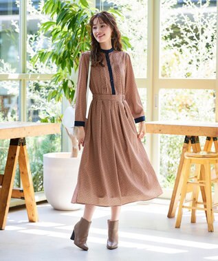 Tiaclasse 【新色追加・洗える】配色バンドカラー幾何学柄ワンピース オレンジ