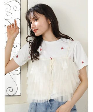 Green Parks ・Ｄｏｕｂｌｅ　Ｆｌａｇｓ　リボン刺繍ＴＥＥ Off White