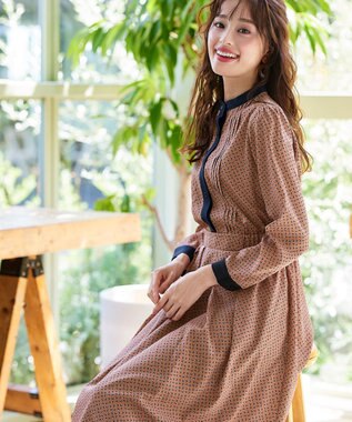 Tiaclasse 【新色追加・洗える】配色バンドカラー幾何学柄ワンピース オレンジ