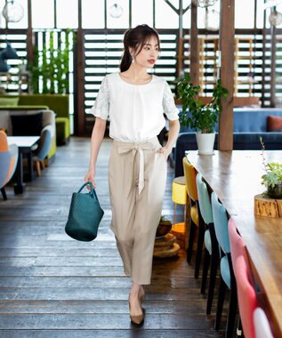 Tiaclasse L 【洗える】美脚効果も叶うリボン付きテーパードパンツ グレージュ