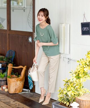 Tiaclasse L 【洗える】美脚効果も叶うリボン付きテーパードパンツ グレージュ