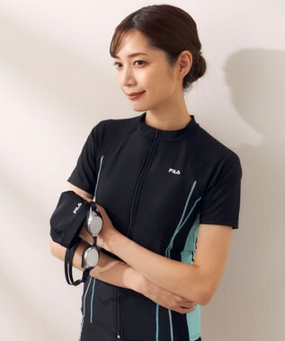 OP／FILA 【FILA】フルジップ半袖フィットネス水着4点セット/キャップ＆ミラーゴーグル付き ブラック×ミント