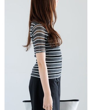 Te chichi シアーマルチボーダーハーフスリーブニット グレー