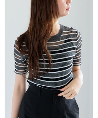 Te chichi シアーマルチボーダーハーフスリーブニット グレー