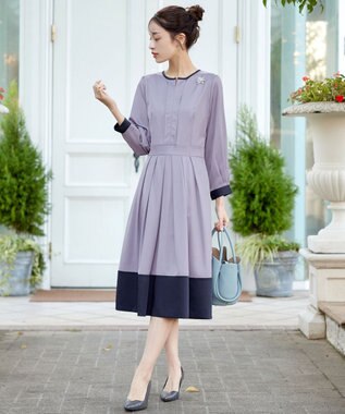 Tiaclasse L 【セレモニー・XSサイズ(5号)追加・新色追加・洗える】キーネックフレアワンピース サックス×ネイビー