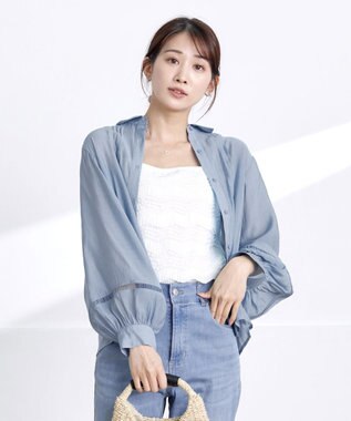 Tiaclasse 【洗える】はしごレースパフ袖シャツ サックス