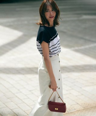 23区 S 【洗える】ランダムボーダー フレンチスリーブ カットソー ホワイト×ブラック