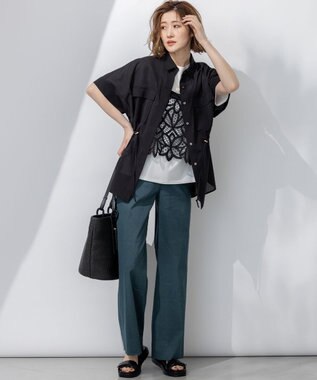 23区 【洗える】ライトシアーマットクロス ミリタリーディティール シャツ ブラック系