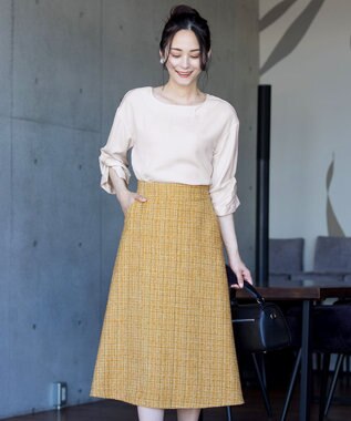 Tiaclasse 【洗える】大人華やかなツイードフレアスカート イエロー