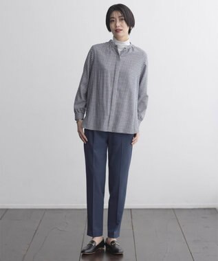 J.PRESS LADIES L 【洗える】ポリエステルヴィスコースブロックチェック バンドカラー ブラウス チャコール×ピンク系