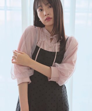 Feroux 袖チュールリボンスキッパー ブラウス ピンク系
