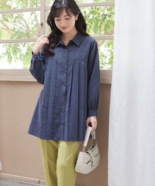 Tiaclasse L 【洗える】ピーチスキンプリーツシャツチュニック ネイビー