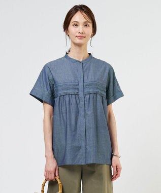 J.PRESS LADIES シアーデニム フレンチスリーブ ブラウス ブルーシャンブレー系