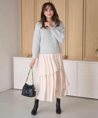 Feroux 【洗える】シャギーVネック ニット ライトグレー系